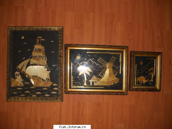 obiecte vechi vand superbe tablouri vechi intarsie mare: ilustreaza corabie dimensiuni 46x34 cm.