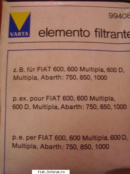 Vand filtru ulei VARTA pt fiat 600 - Si un detaliu de pe ambalaj - Bursa